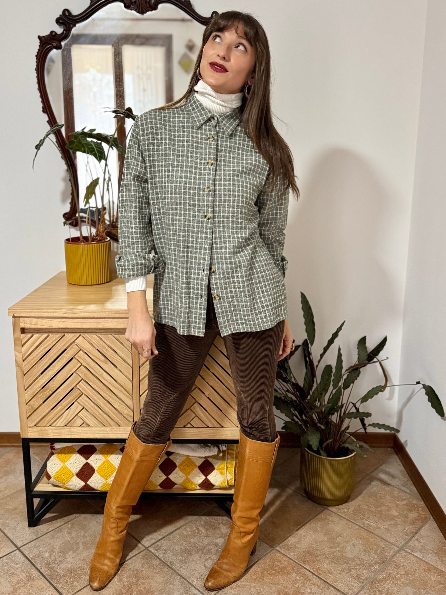 1990's vintage love green and cream plaid flannel shirt