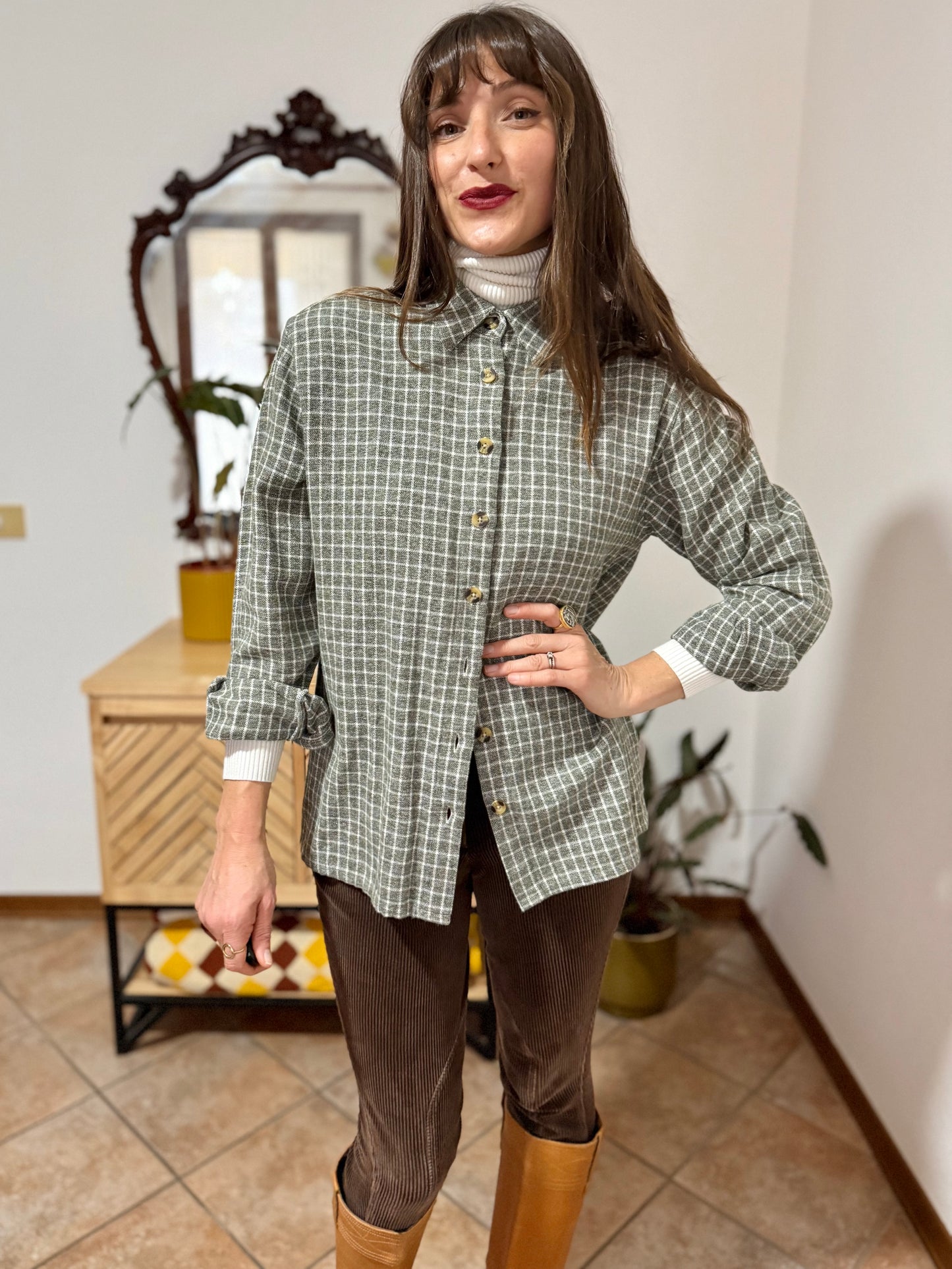 1990's vintage love green and cream plaid flannel shirt