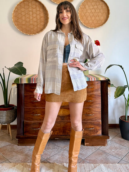 1970's vintage cream and light grey plaid silk shirt with pearl button details