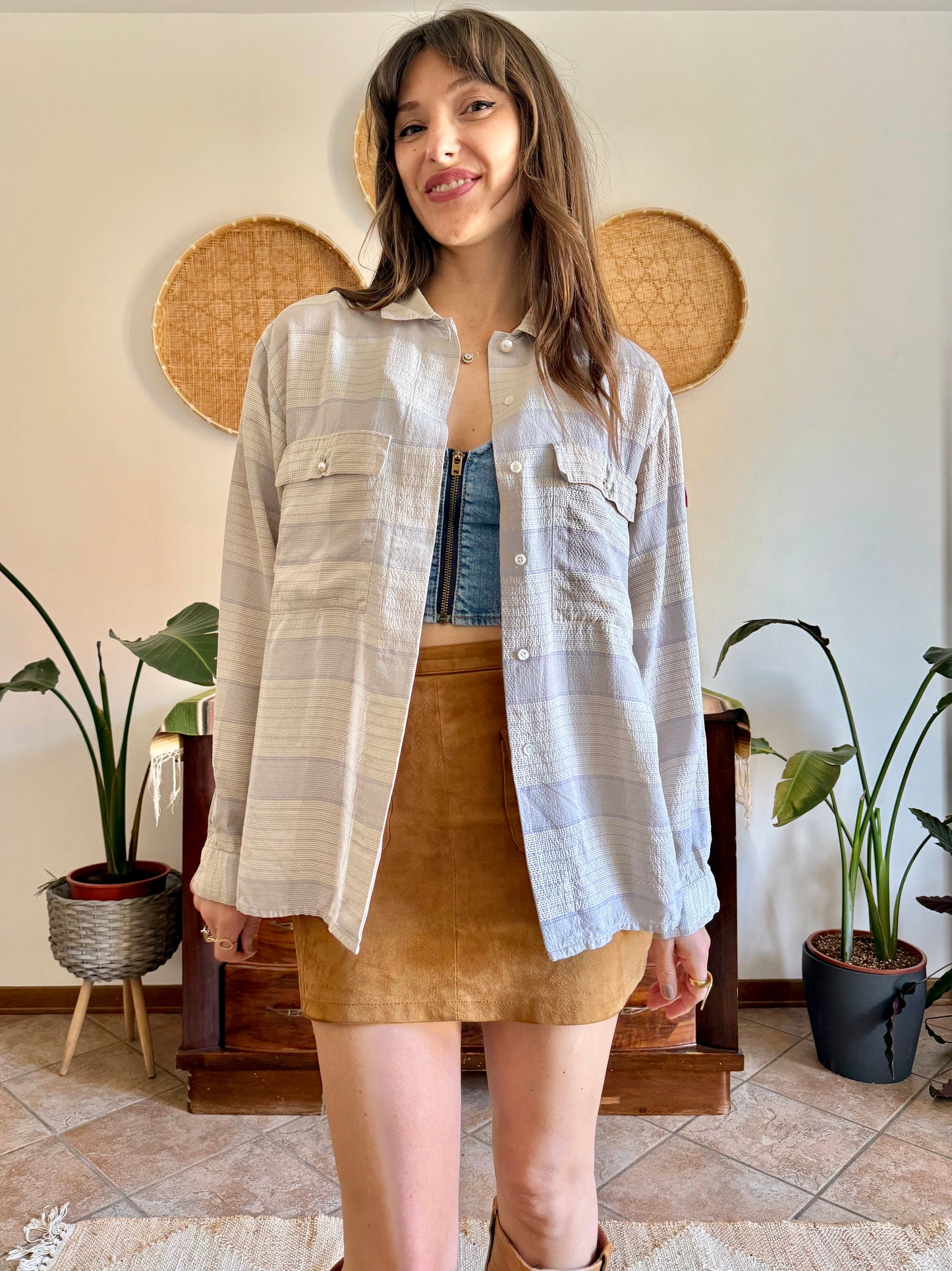 1970's vintage cream and light grey plaid silk shirt with pearl button details