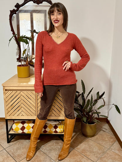 Y2k vintage burnt orange mohair blend knit pullover with sequin detailing along collar