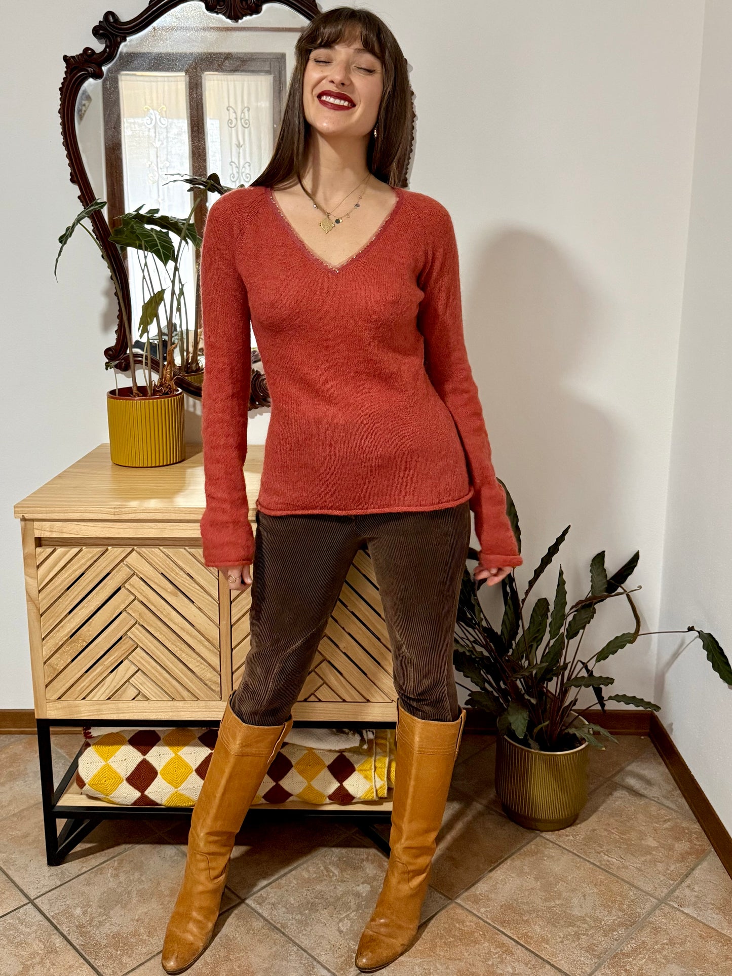 Y2k vintage burnt orange mohair blend knit pullover with sequin detailing along collar