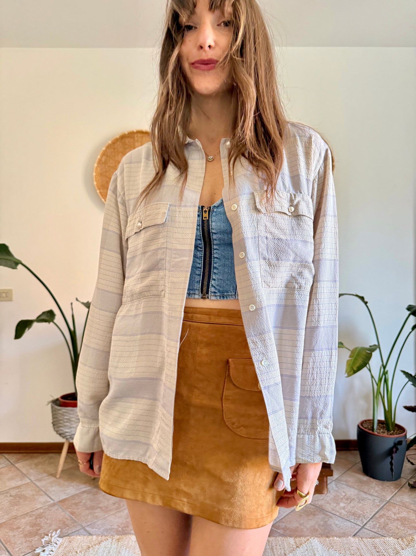 1970's vintage cream and light grey plaid silk shirt with pearl button details