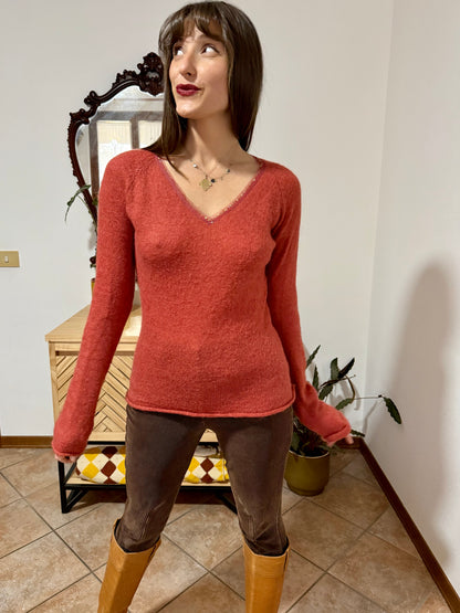 Y2k vintage burnt orange mohair blend knit pullover with sequin detailing along collar