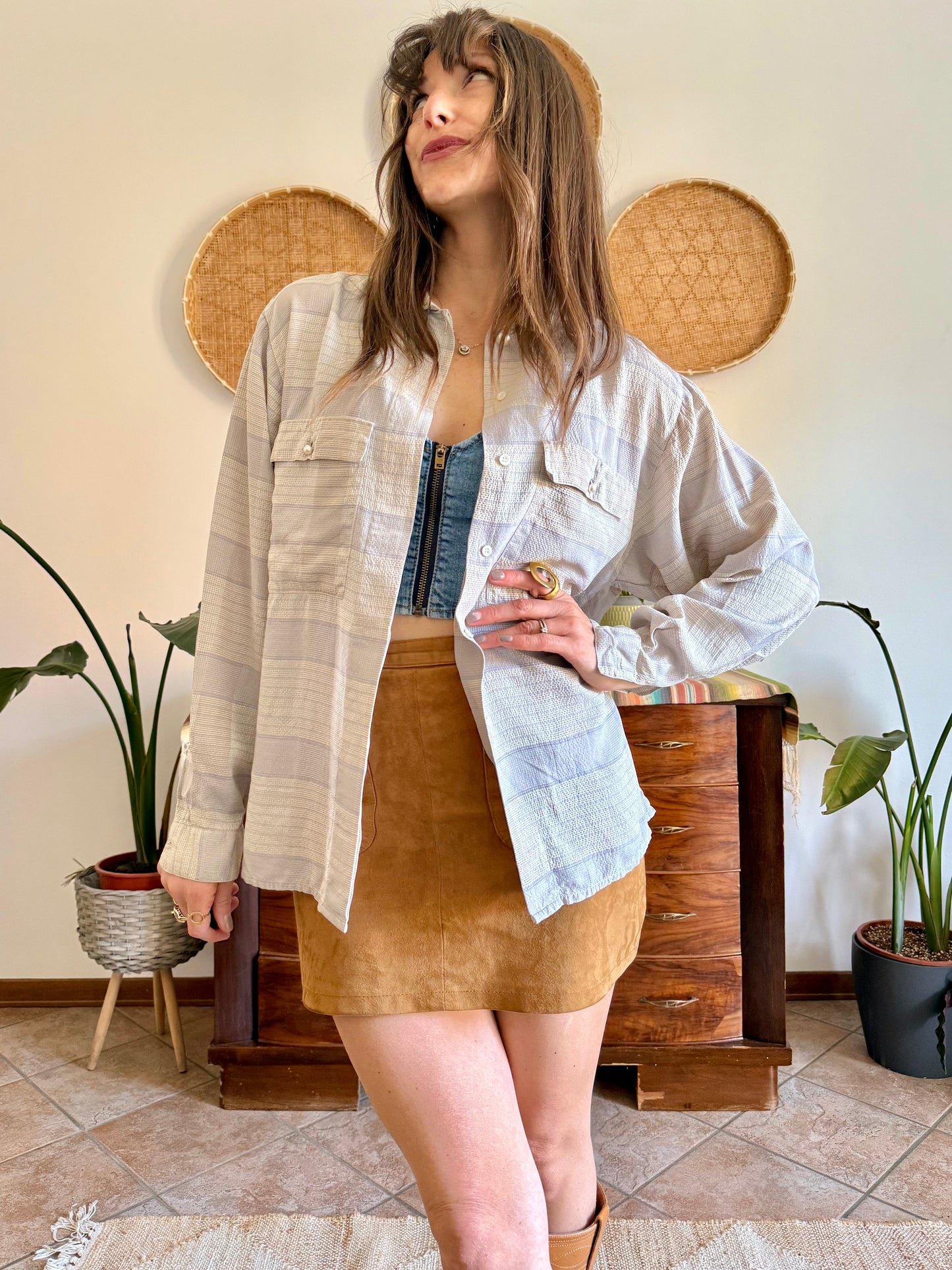 1970's vintage cream and light grey plaid silk shirt with pearl button details