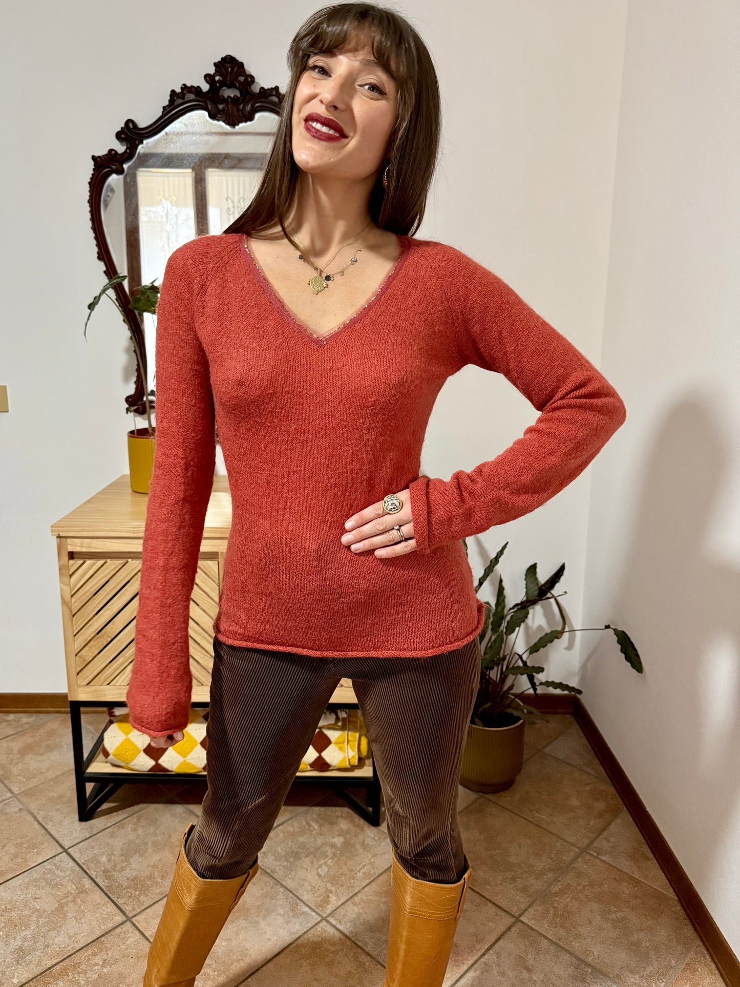 Y2k vintage burnt orange mohair blend knit pullover with sequin detailing along collar