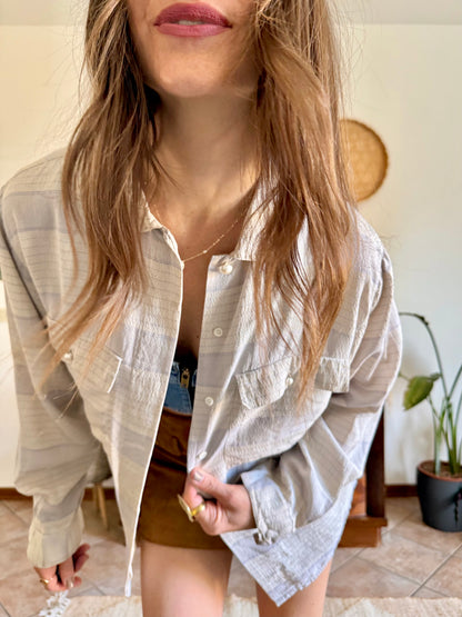 1970's vintage cream and light grey plaid silk shirt with pearl button details