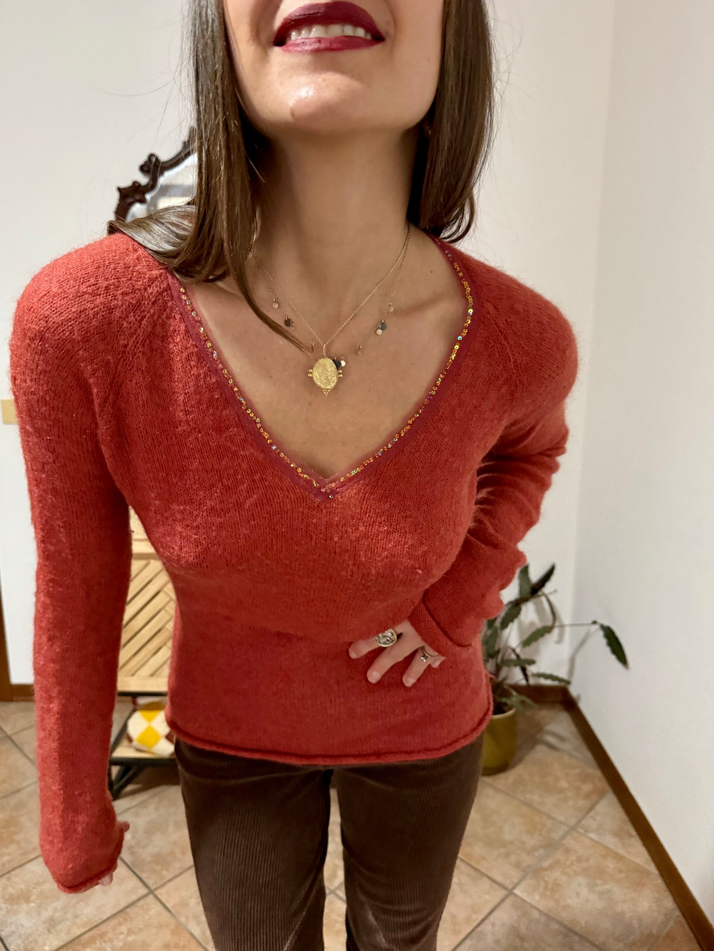 Y2k vintage burnt orange mohair blend knit pullover with sequin detailing along collar