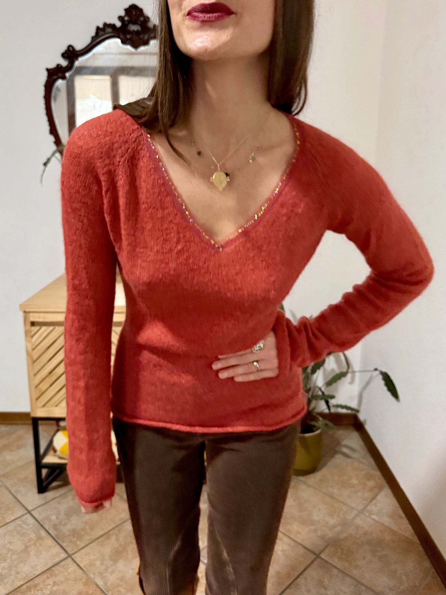 Y2k vintage burnt orange mohair blend knit pullover with sequin detailing along collar