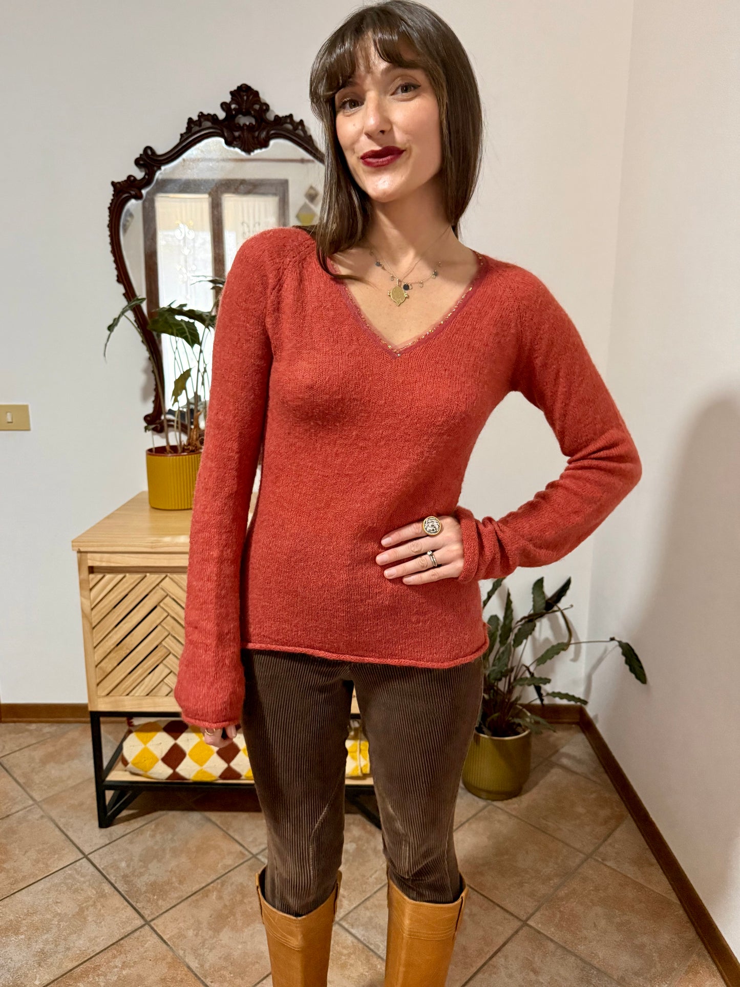 Y2k vintage burnt orange mohair blend knit pullover with sequin detailing along collar