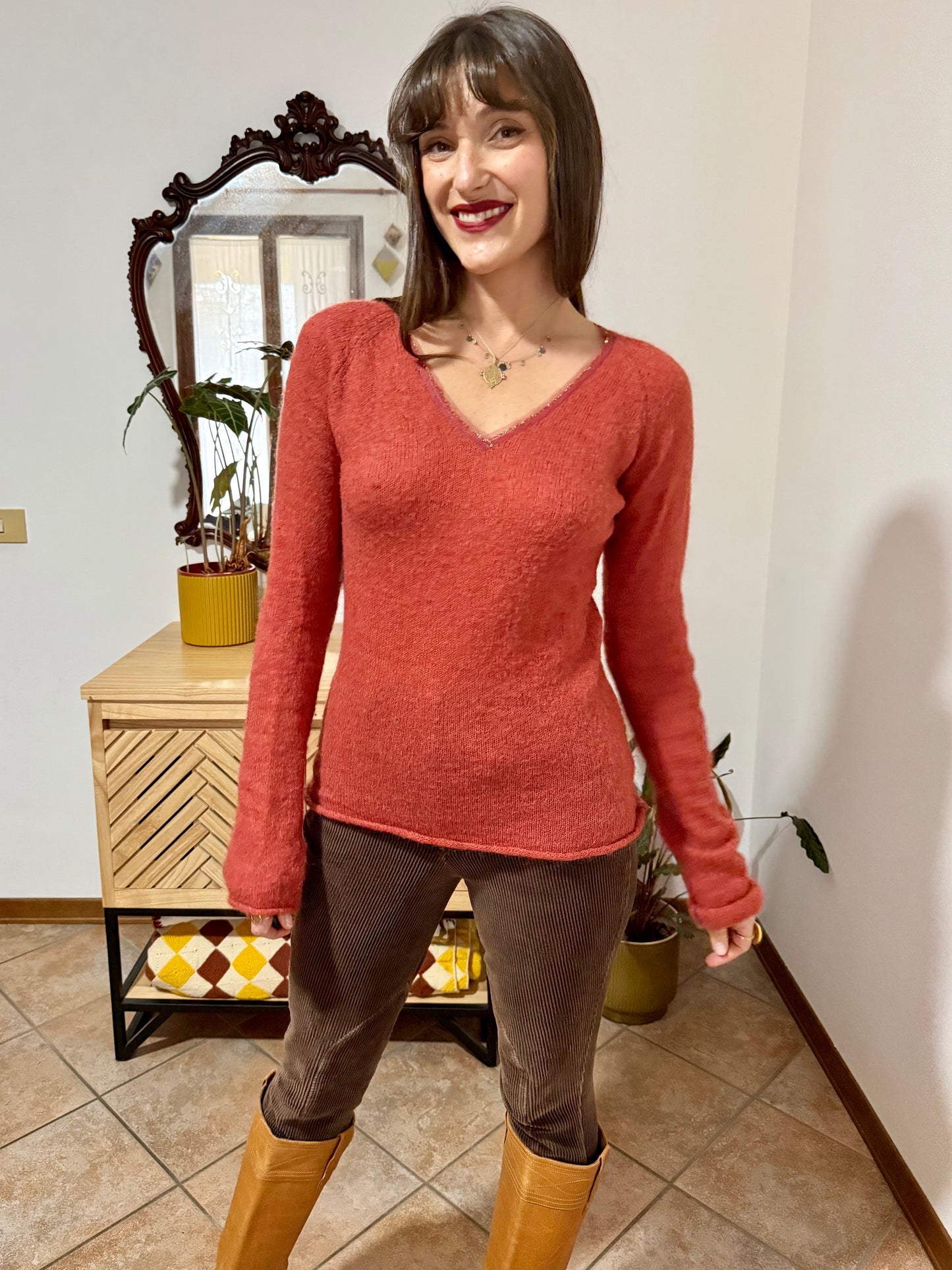 Y2k vintage burnt orange mohair blend knit pullover with sequin detailing along collar