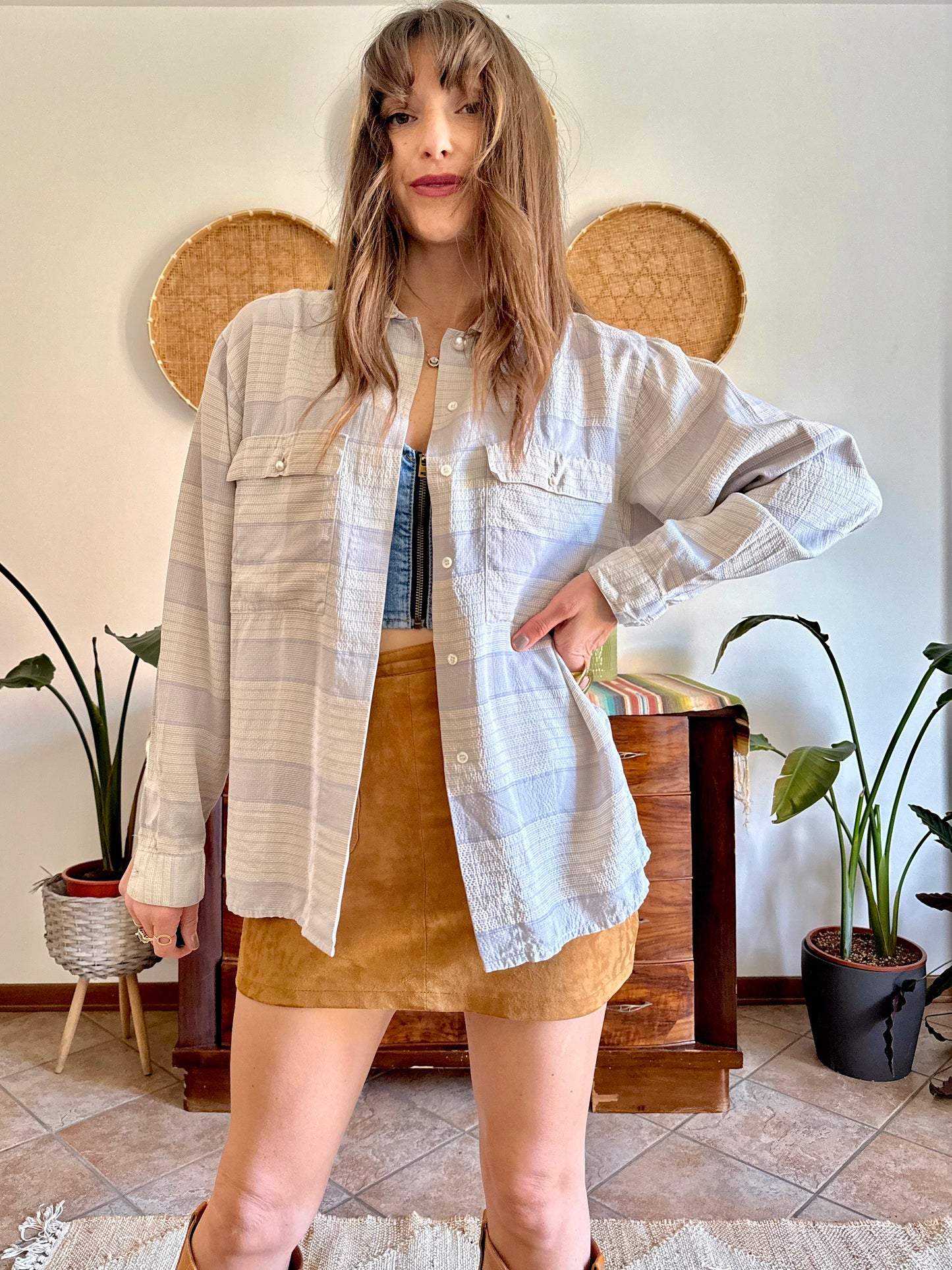 1970's vintage cream and light grey plaid silk shirt with pearl button details