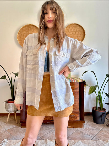 1970's vintage cream and light grey plaid silk shirt with pearl button details