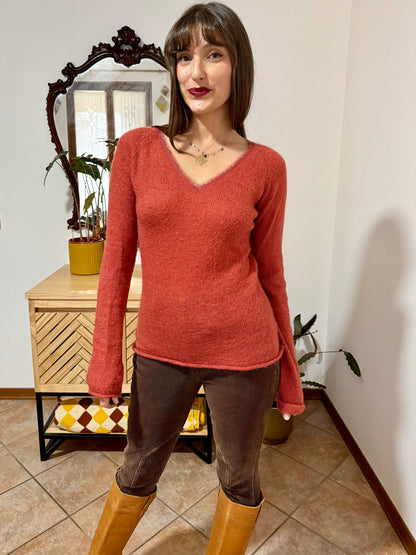 Y2k vintage burnt orange mohair blend knit pullover with sequin detailing along collar