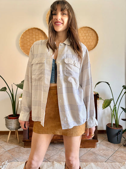1970's vintage cream and light grey plaid silk shirt with pearl button details