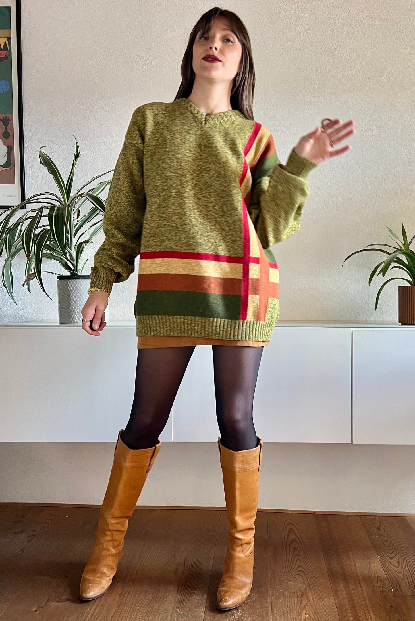 1970's vintage green, tan and red plaid knit pullover