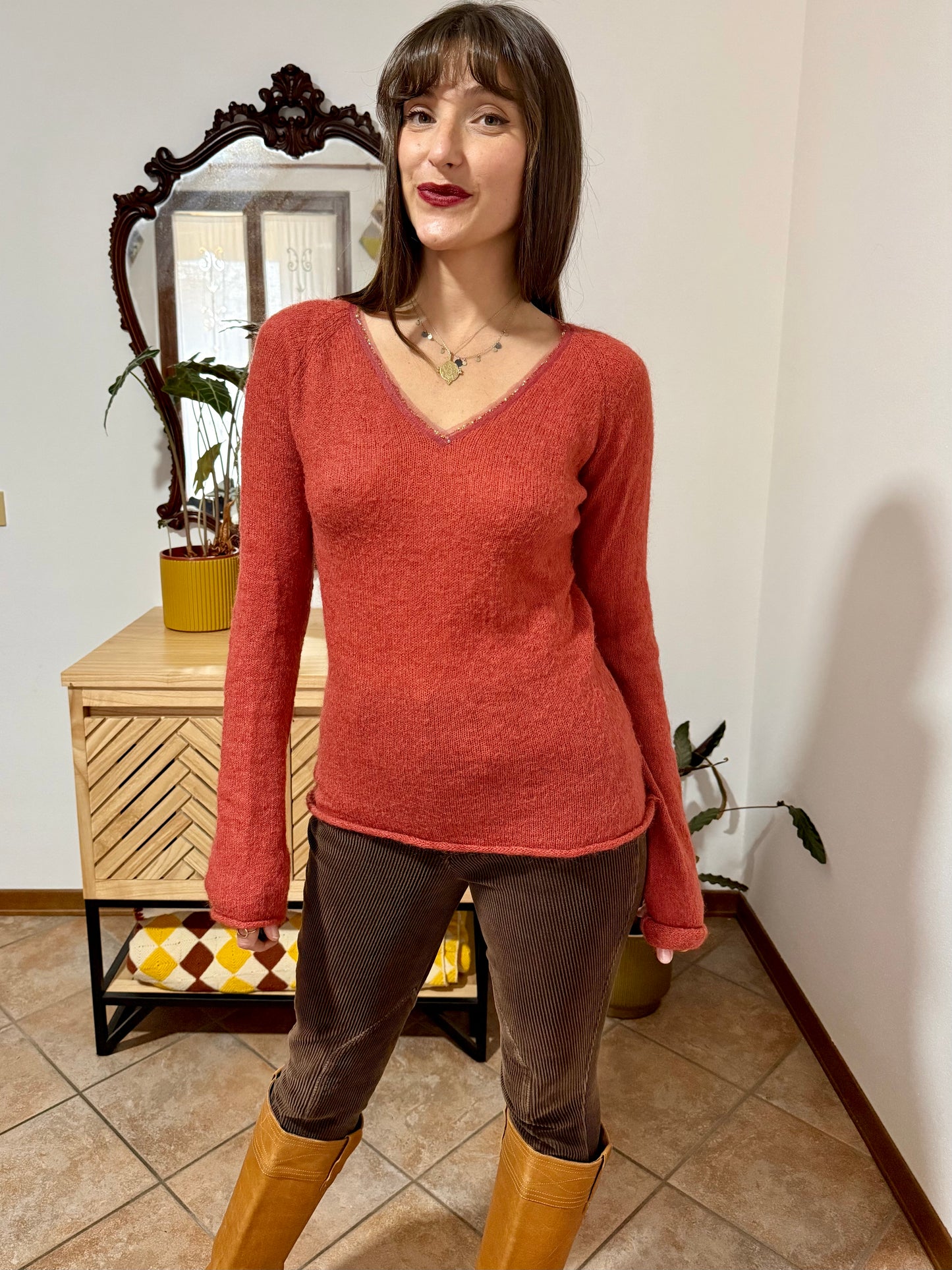 Y2k vintage burnt orange mohair blend knit pullover with sequin detailing along collar