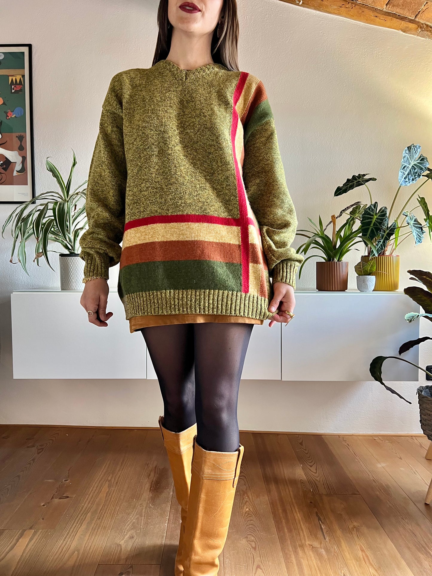 1970's vintage green, tan and red plaid knit pullover