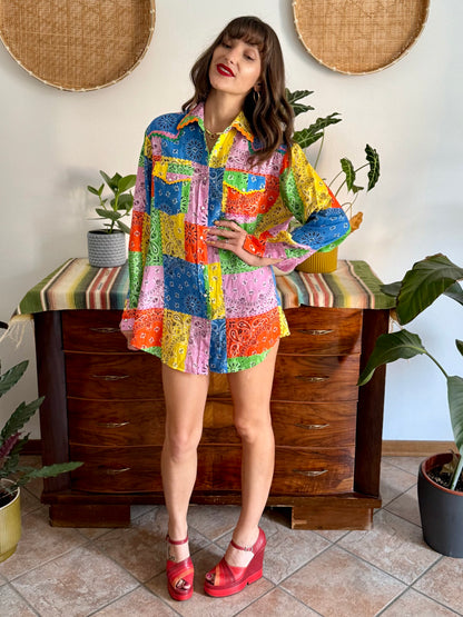 Multicolor patchwork handkerchief pearl snap linen shirt