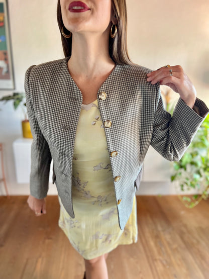 1990's vintage chocolate brown and cream houndstooth blazer