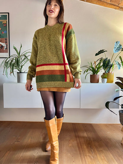 1970's vintage green, tan and red plaid knit pullover