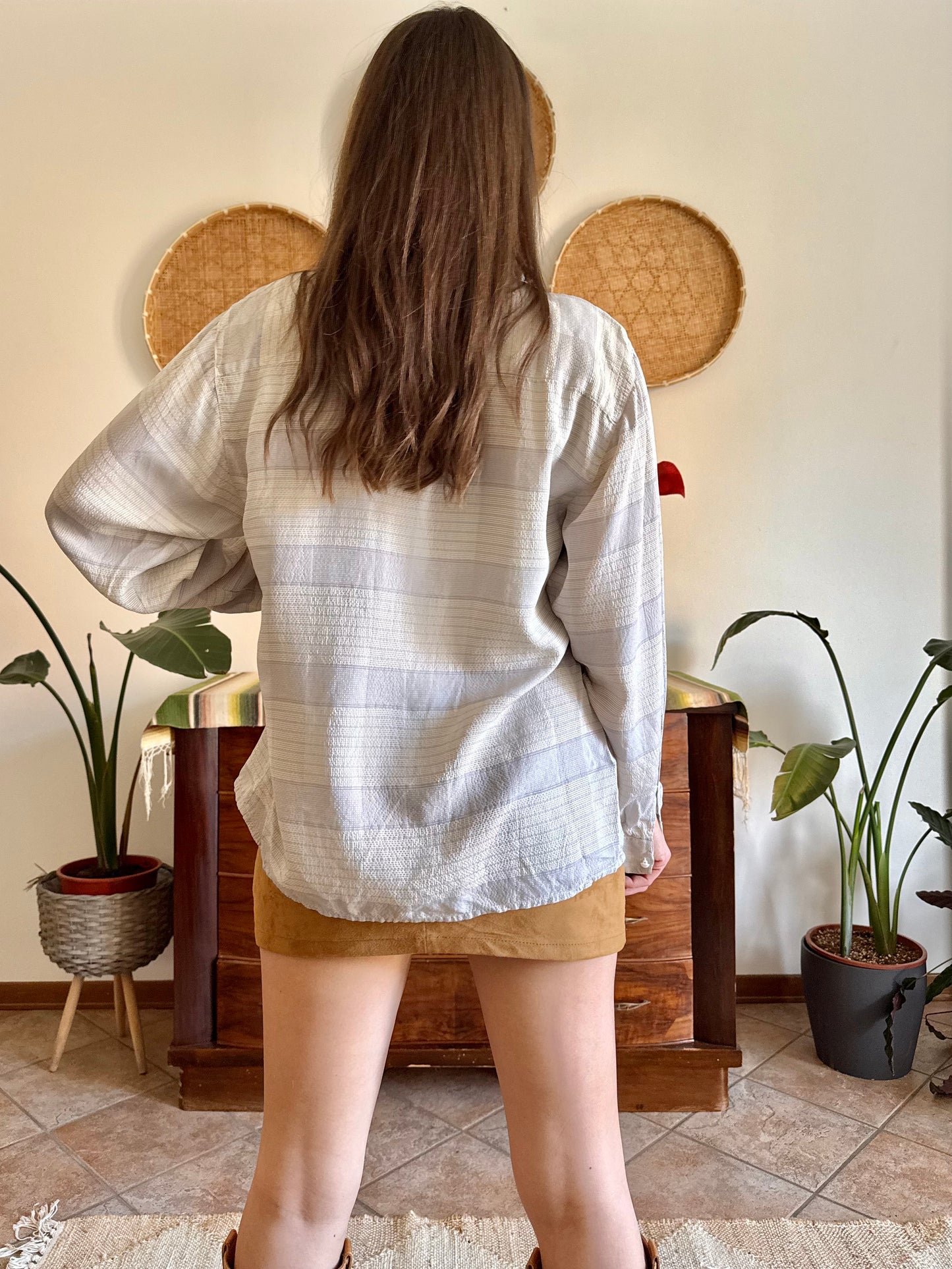 1970's vintage cream and light grey plaid silk shirt with pearl button details