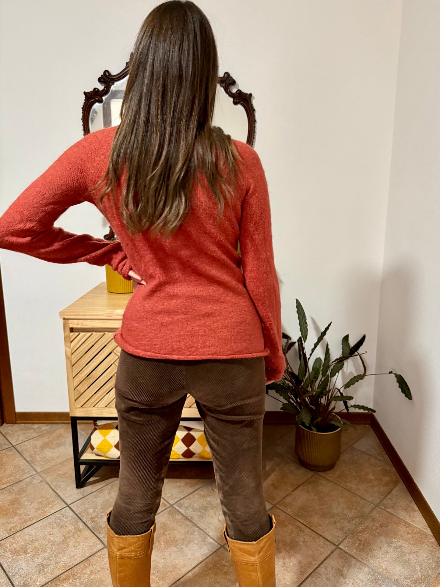 Y2k vintage burnt orange mohair blend knit pullover with sequin detailing along collar