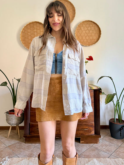 1970's vintage cream and light grey plaid silk shirt with pearl button details