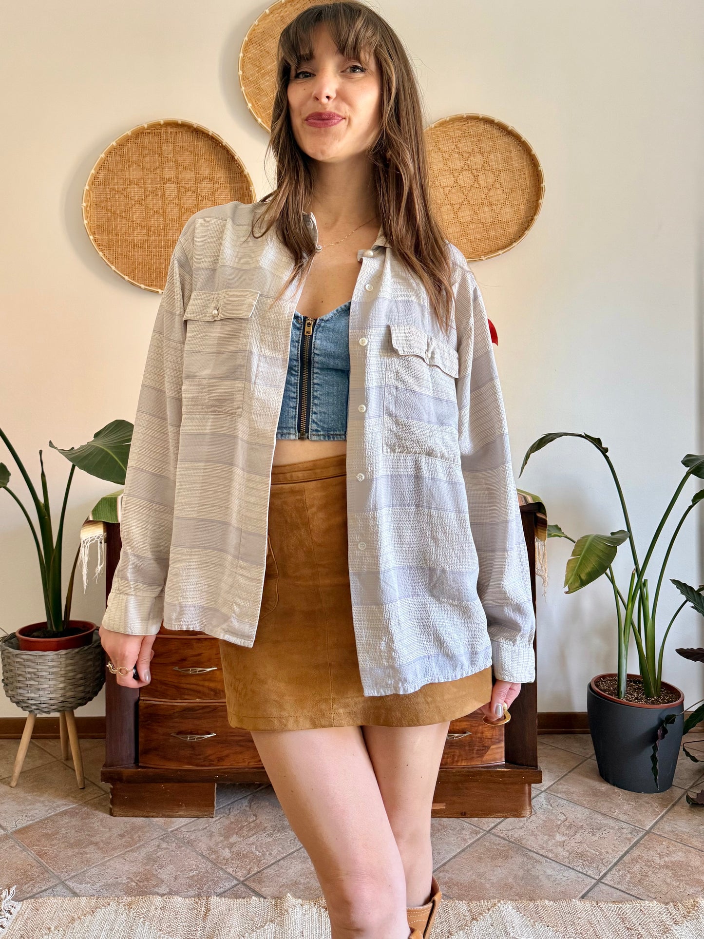1970's vintage cream and light grey plaid silk shirt with pearl button details