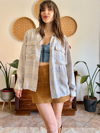 1970's vintage cream and light grey plaid silk shirt with pearl button details