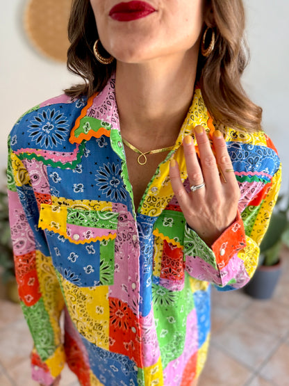 Multicolor patchwork handkerchief pearl snap linen shirt