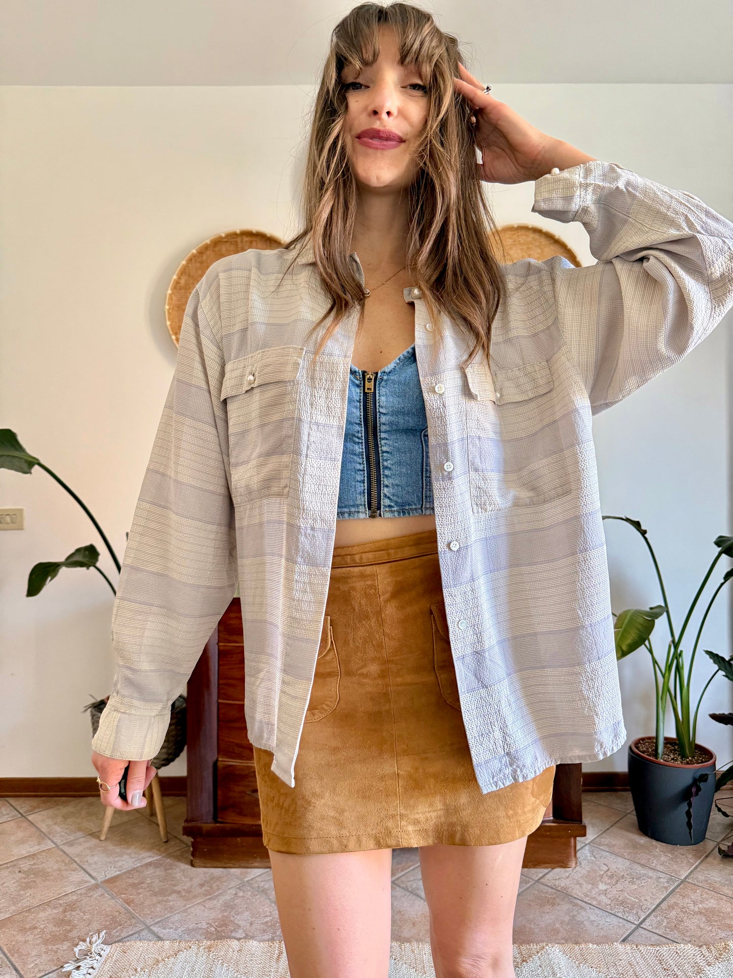 1970's vintage cream and light grey plaid silk shirt with pearl button details