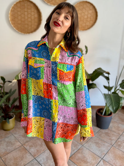 Multicolor patchwork handkerchief pearl snap linen shirt