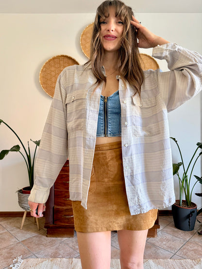 1970's vintage cream and light grey plaid silk shirt with pearl button details