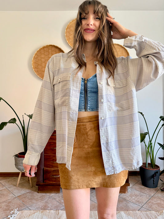 1970's vintage cream and light grey plaid silk shirt with pearl button details