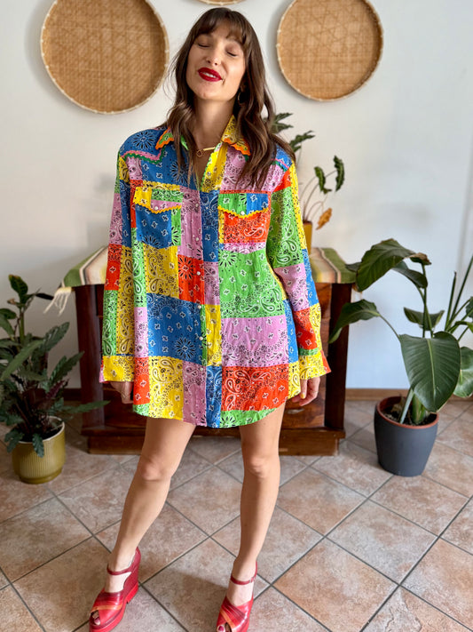 Multicolor patchwork handkerchief pearl snap linen shirt