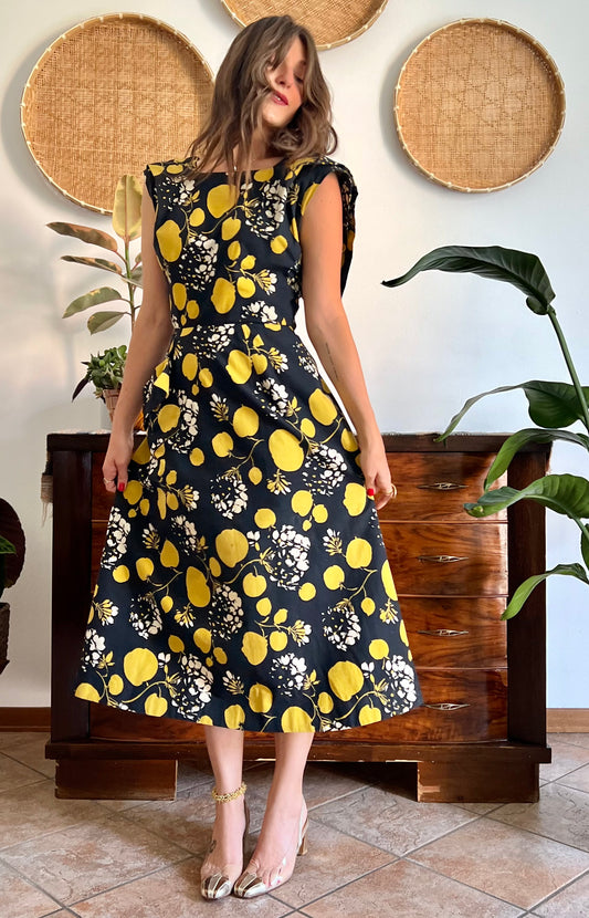 1950's vintage black linen midi dress with yellow and cream floral and print