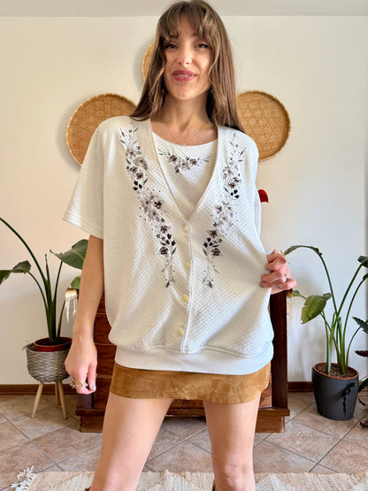 1970’s vintage cream quilted knit top with brown floral embroidery