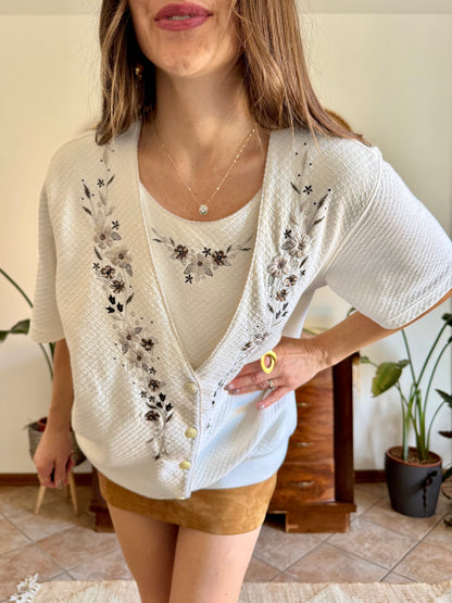1970’s vintage cream quilted knit top with brown floral embroidery