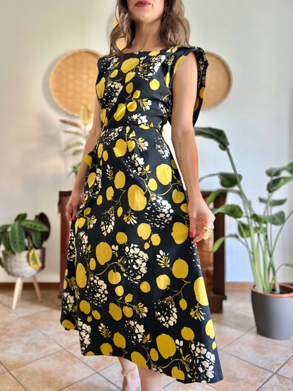 1950's vintage black linen midi dress with yellow and cream floral and print
