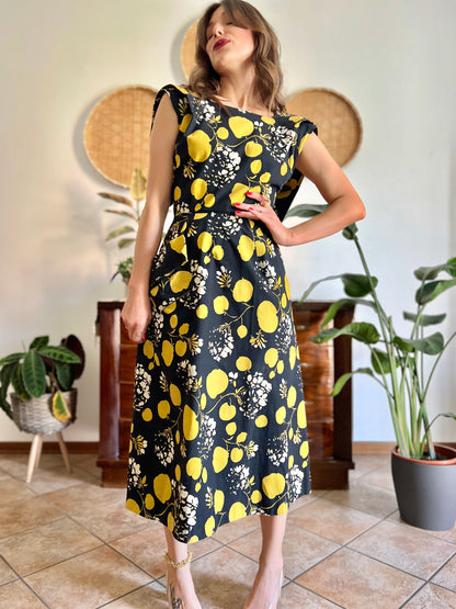 1950's vintage black linen midi dress with yellow and cream floral and print