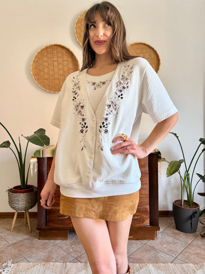 1970’s vintage cream quilted knit top with brown floral embroidery