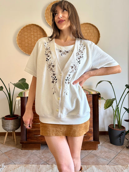 1970’s vintage cream quilted knit top with brown floral embroidery