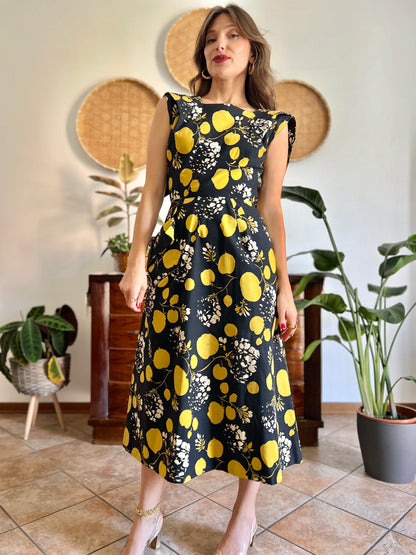 1950's vintage black linen midi dress with yellow and cream floral and print