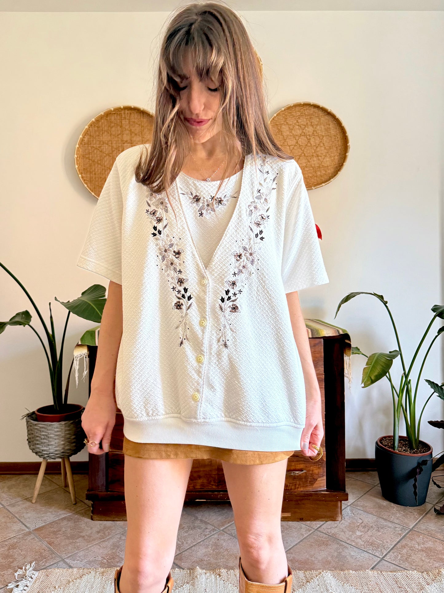 1970’s vintage cream quilted knit top with brown floral embroidery