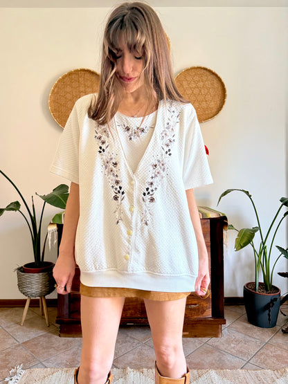 1970’s vintage cream quilted knit top with brown floral embroidery
