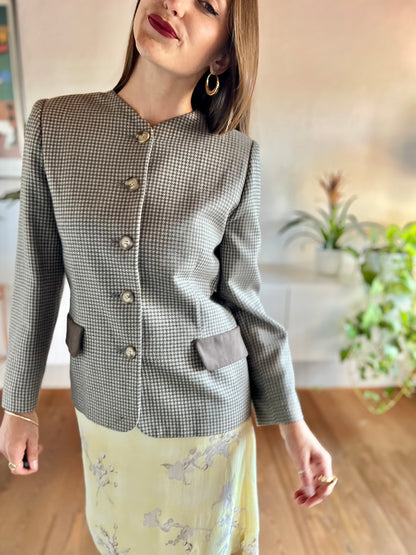 1990's vintage chocolate brown and cream houndstooth blazer