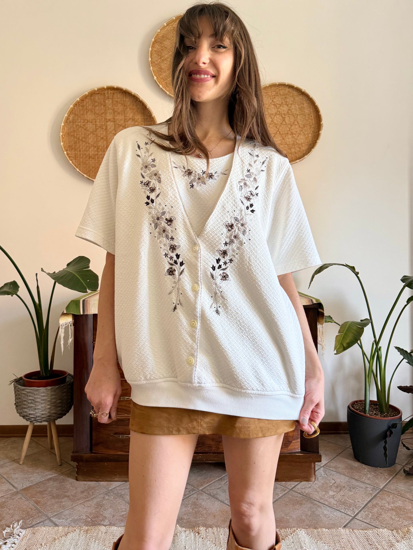 1970’s vintage cream quilted knit top with brown floral embroidery