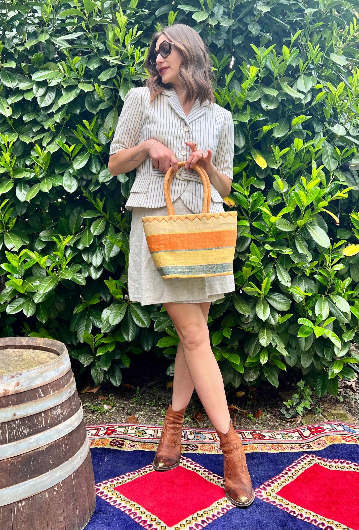 1970's vintage yellow, orang and blue stripe raffia purse