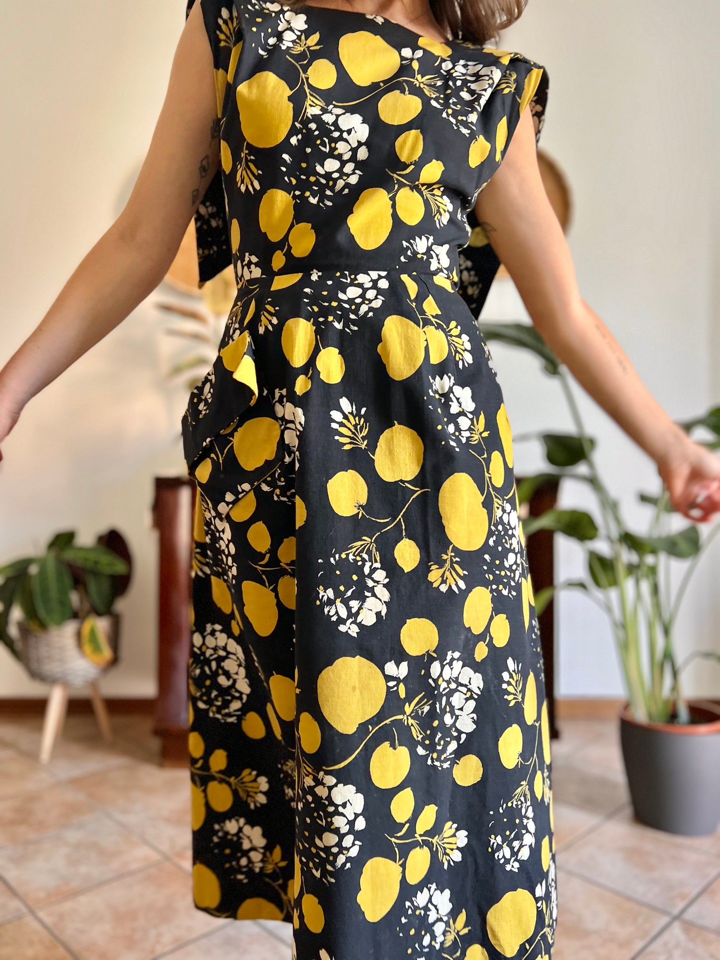 1950's vintage black linen midi dress with yellow and cream floral and print